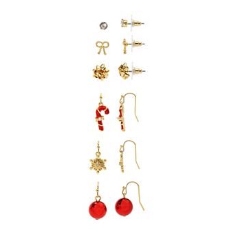 Gold Tone 6-Pair Candy, Snowflake, & Bow Nickel Free Earring Set