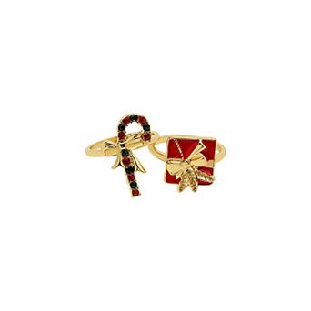 Gold Tone Candy Cane & Present Ring Set