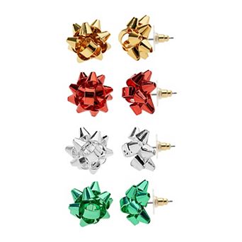 Metallic 4-Pair Ribbon Bows Stud Nickel Free Earring Set