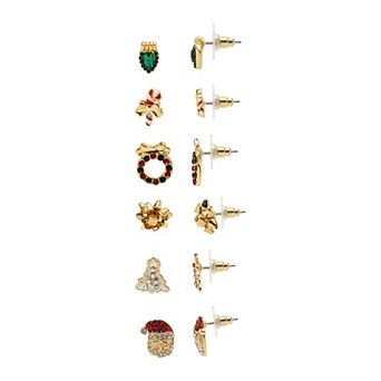 Gold Tone 6-Pair Holiday Cheer Stud Nickel Free Earring Set