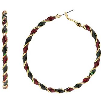 Gold-Tone Red Green Twist Click-It Hoop Earrings