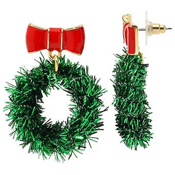 Gold-Tone Red Bow Green Wreath Dangle Earrings
