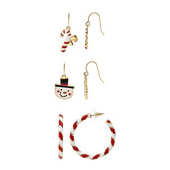 Gold-Tone Candy Cane & Snowman 3-Pair Earring Set