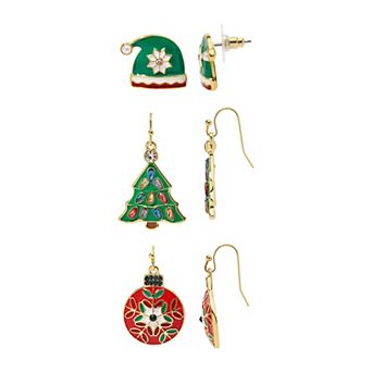Gold-Tone Stocking, Tree, & Ornament 3-Pair Earring Set