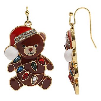 Gold-Tone Teddy Bear Lights Fishhook Dangle Earrings