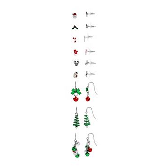Silver-Tone Red Green Holiday 9-Pair Stud Earring Set