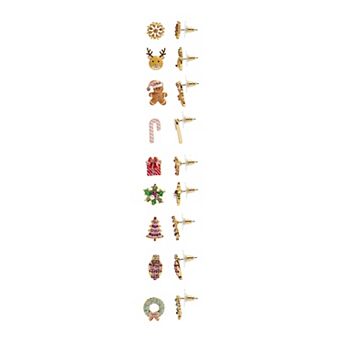 Gold-Tone Pink Holiday 9-Pair Stud Earring Set