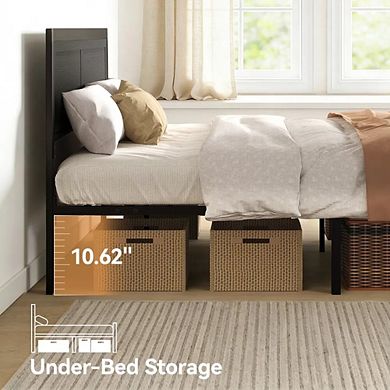 Maxspeed Metal Bed Frame with Wood Headboard and Footboard, Noise-Free No Box Spring Required, Black