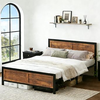 Maxspeed Metal Bed Frame with Wood Headboard and Footboard, Noise-Free No Box Spring Required, Brown