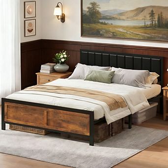 Maxspeed Bed Frame with Upholstered Headboard and Footboard, Metal Platform Bed Frame, Easy Assembly