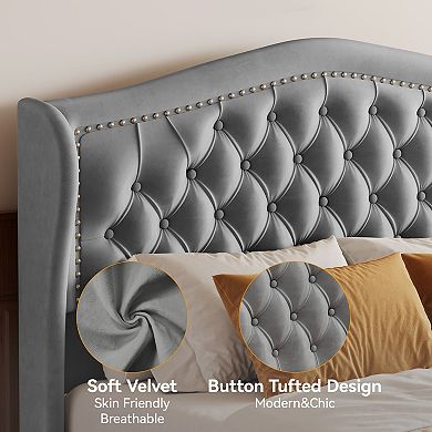 Maxspeed Queen Bed Frame, Velvet Upholstered Platform Bed with 2 Storage Drawers, 52.6" Headboard