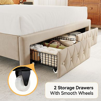 Maxspeed Queen Bed Frame, Velvet Upholstered Platform Bed with 2 Storage Drawers, 52.6" Headboard