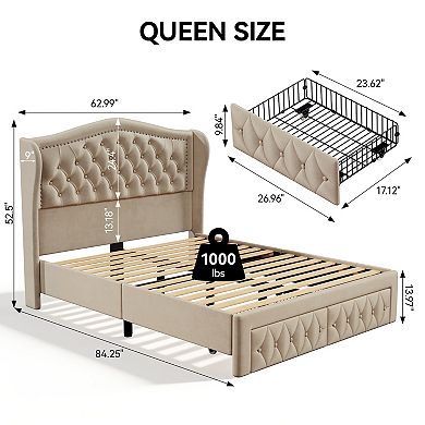 Maxspeed Queen Bed Frame, Velvet Upholstered Platform Bed with 2 Storage Drawers, 52.6" Headboard