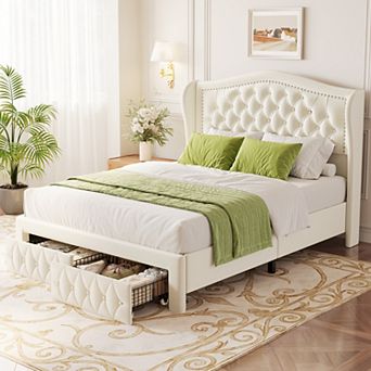 Maxspeed Queen Bed Frame, Velvet Upholstered Platform Bed with 2 Storage Drawers, 52.6" Headboard
