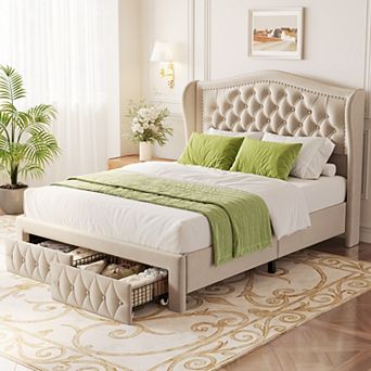 Maxspeed Queen Bed Frame, Velvet Upholstered Platform Bed with 2 Storage Drawers, 52.6" Headboard