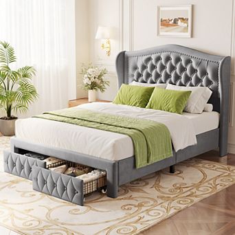 Maxspeed Queen Bed Frame, Velvet Upholstered Platform Bed with 2 Storage Drawers, 52.6" Headboard