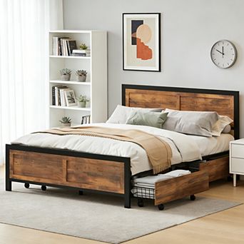 Maxspeed Queen Platform Bed Frame with 4 Storage Drawers, Steel Slat Support, Quiet Drawer Glide