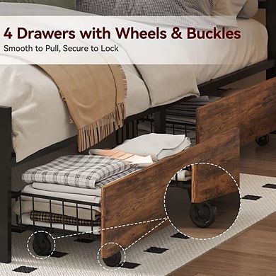 Maxspeed Queen Platform Bed Frame with 4 Storage Drawers, Steel Slat Support, Quiet Drawer Glide