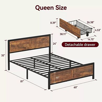 Maxspeed Queen Platform Bed Frame with 4 Storage Drawers, Steel Slat Support, Quiet Drawer Glide