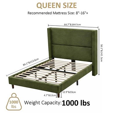 Maxspeed Queen Bed Frame, Upholstered Platform Bed, Adjustable Vertical Channel Tufted Headboard