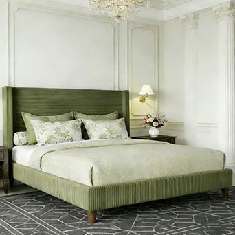 Maxspeed Queen Bed Frame, Upholstered Platform Bed, Adjustable Vertical Channel Tufted Headboard