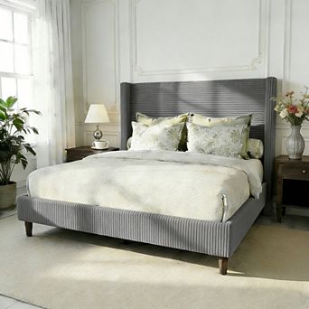 Maxspeed Queen Bed Frame, Upholstered Platform Bed, Adjustable Vertical Channel Tufted Headboard