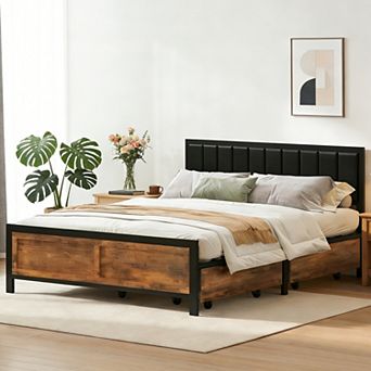 Maxspeed Queen Size Bed Frame with 4 Storage Drawers and Headboard, Metal Bed Frame, Noise Free