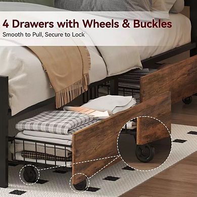 Maxspeed Queen Size Bed Frame with 4 Storage Drawers and Headboard, Metal Bed Frame, Noise Free