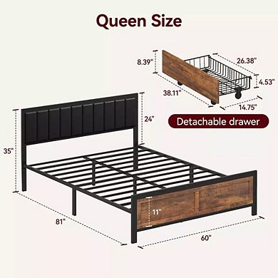 Maxspeed Queen Size Bed Frame with 4 Storage Drawers and Headboard, Metal Bed Frame, Noise Free