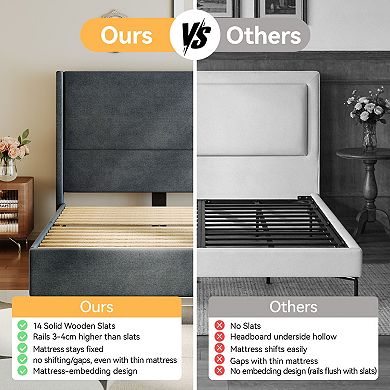 Maxspeed Queen Upholstered Platform Bed with 55.5" Wingback Headboard, Quiet Wooden Slat Support