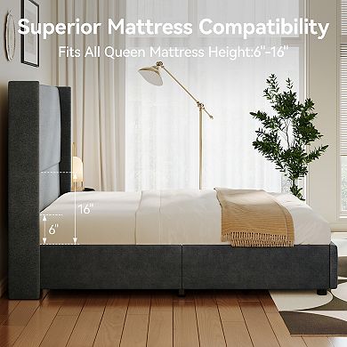 Maxspeed Queen Upholstered Platform Bed with 55.5" Wingback Headboard, Quiet Wooden Slat Support