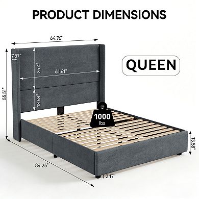 Maxspeed Queen Upholstered Platform Bed with 55.5" Wingback Headboard, Quiet Wooden Slat Support