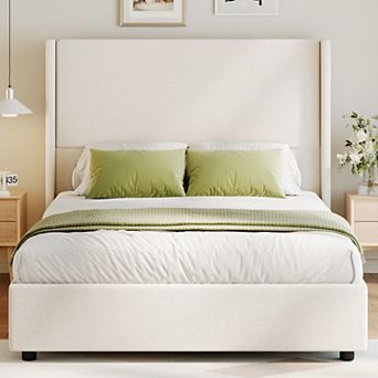 Maxspeed Queen Upholstered Platform Bed with 55.5" Wingback Headboard, Quiet Wooden Slat Support