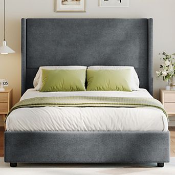 Maxspeed Queen Upholstered Platform Bed with 55.5" Wingback Headboard, Quiet Wooden Slat Support