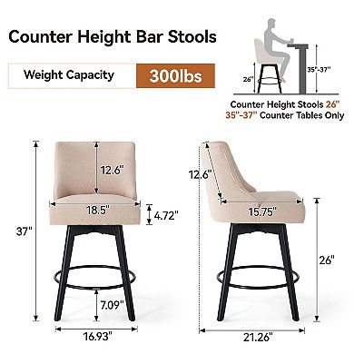 Maxspeed Counter Height Bar Stools, 26" Swivel Linen Fabric Bar Chairs for Dining Room, Beige
