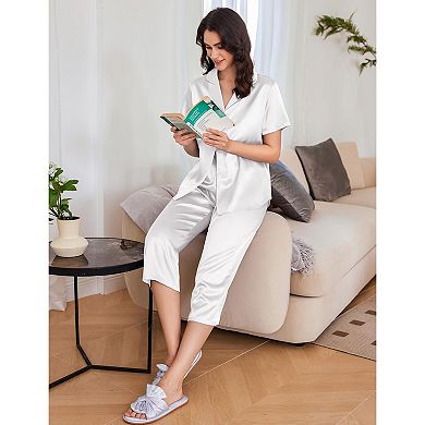 Ekouaer Womens Satin Pajamas Capri Pjs 2 Piece Lounge Sets Short Sleeve Button Down Sleepwear