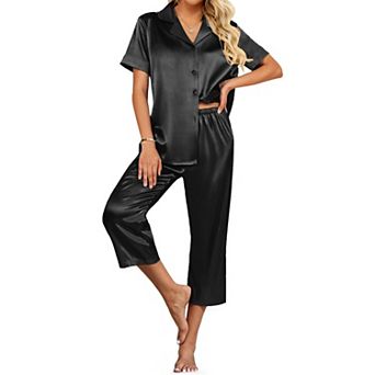 Ekouaer Womens Satin Pajamas Capri Pjs 2 pc Lounge Sets Short Sleeve Button Down Sleepwear