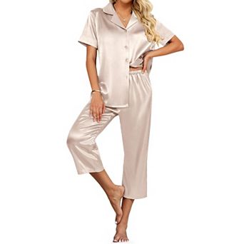 Ekouaer Womens Satin Pajamas Capri Pjs 2 pc Lounge Sets Short Sleeve Button Down Sleepwear