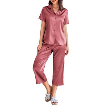 Ekouaer Womens Satin Pajamas Capri Pjs 2 pc Lounge Sets Short Sleeve Button Down Sleepwear