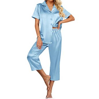 Ekouaer Womens Satin Pajamas Capri Pjs 2 pc Lounge Sets Short Sleeve Button Down Sleepwear