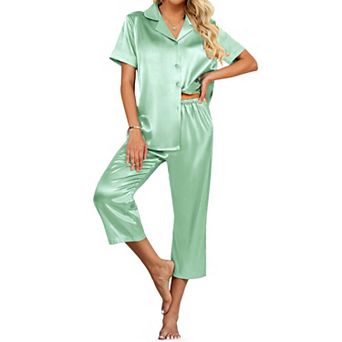 Ekouaer Womens Satin Pajamas Capri Pjs 2 pc Lounge Sets Short Sleeve Button Down Sleepwear