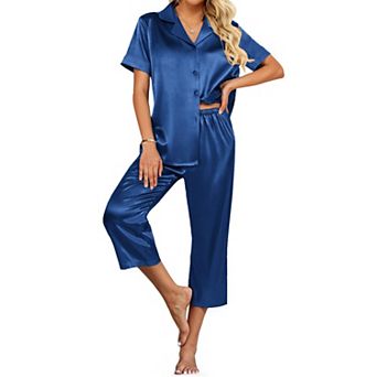 Ekouaer Womens Satin Pajamas Capri Pjs 2 pc Lounge Sets Short Sleeve Button Down Sleepwear
