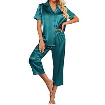 Ekouaer Womens Satin Pajamas Capri Pjs 2 pc Lounge Sets Short Sleeve Button Down Sleepwear