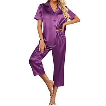 Ekouaer Womens Satin Pajamas Capri Pjs 2 pc Lounge Sets Short Sleeve Button Down Sleepwear
