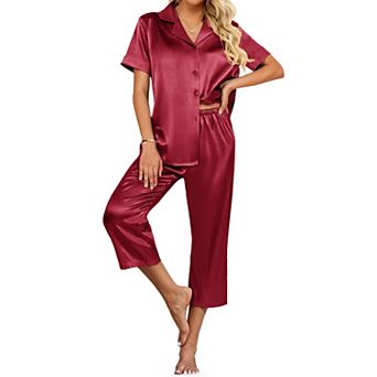 Ekouaer Womens Satin Pajamas Capri Pjs 2 pc Lounge Sets Short Sleeve Button Down Sleepwear