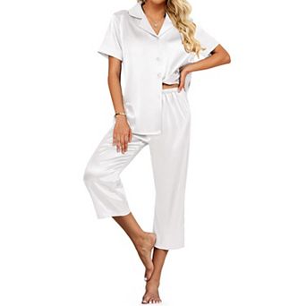 Ekouaer Womens Satin Pajamas Capri Pjs 2 pc Lounge Sets Short Sleeve Button Down Sleepwear