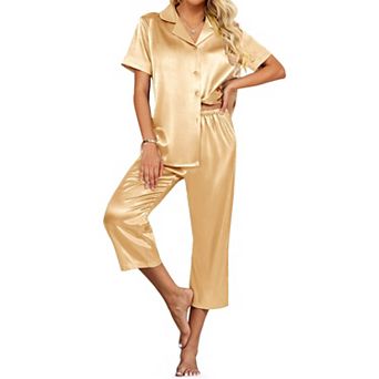 Ekouaer Womens Satin Pajamas Capri Pjs 2 pc Lounge Sets Short Sleeve Button Down Sleepwear