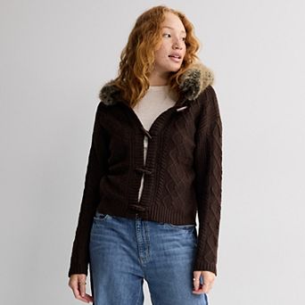 Juniors' madden girl Long Sleeve Faux Fur Trim Hooded Cardigan