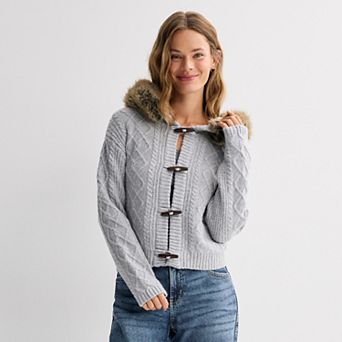 Juniors' madden girl Long Sleeve Faux Fur Trim Hooded Cardigan