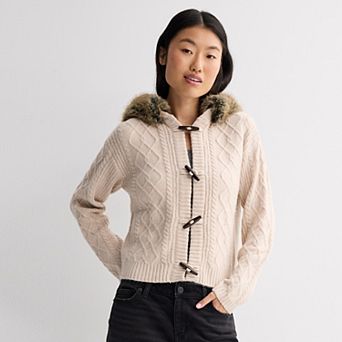 Juniors' madden girl Long Sleeve Faux Fur Trim Hooded Cardigan